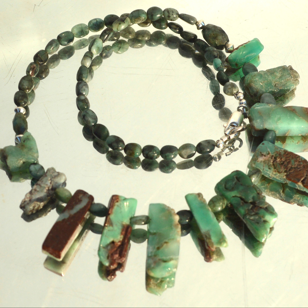 Sterling Silver Chrysoprase Emerald Necklace 925 - Picture 7 of 8